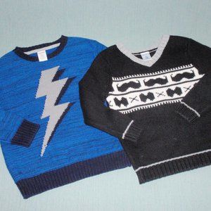 Lot of 2 Boys Gymboree Okie Dokie Lightning Mustache Sweaters V-neck Pullover 4t